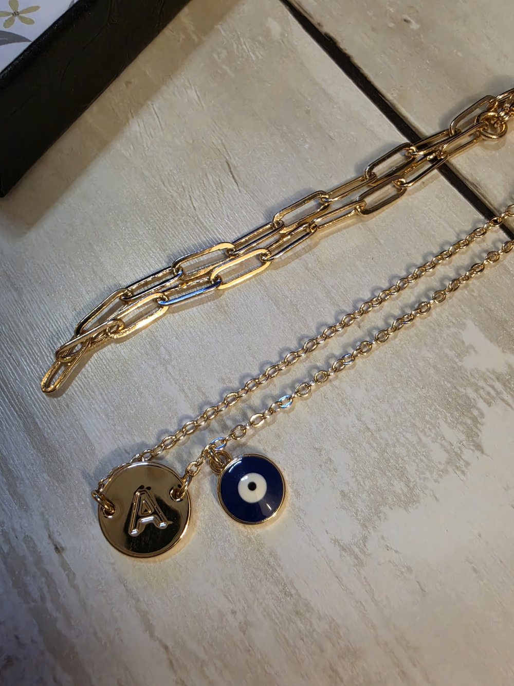 Gold Initial 'A' and Blue Evil Eye Pendant Bracelet Set - Picture 1 of 4